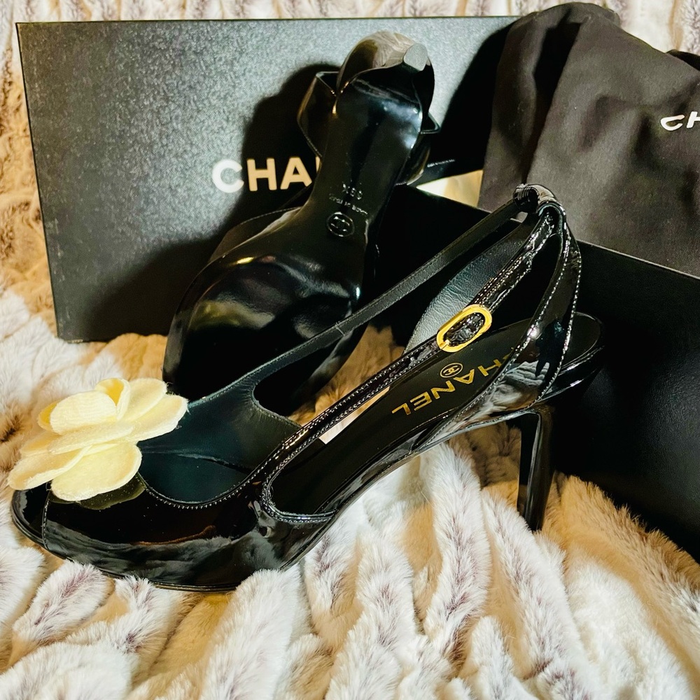 Chanel Black Patent Leather Slingback Heels
